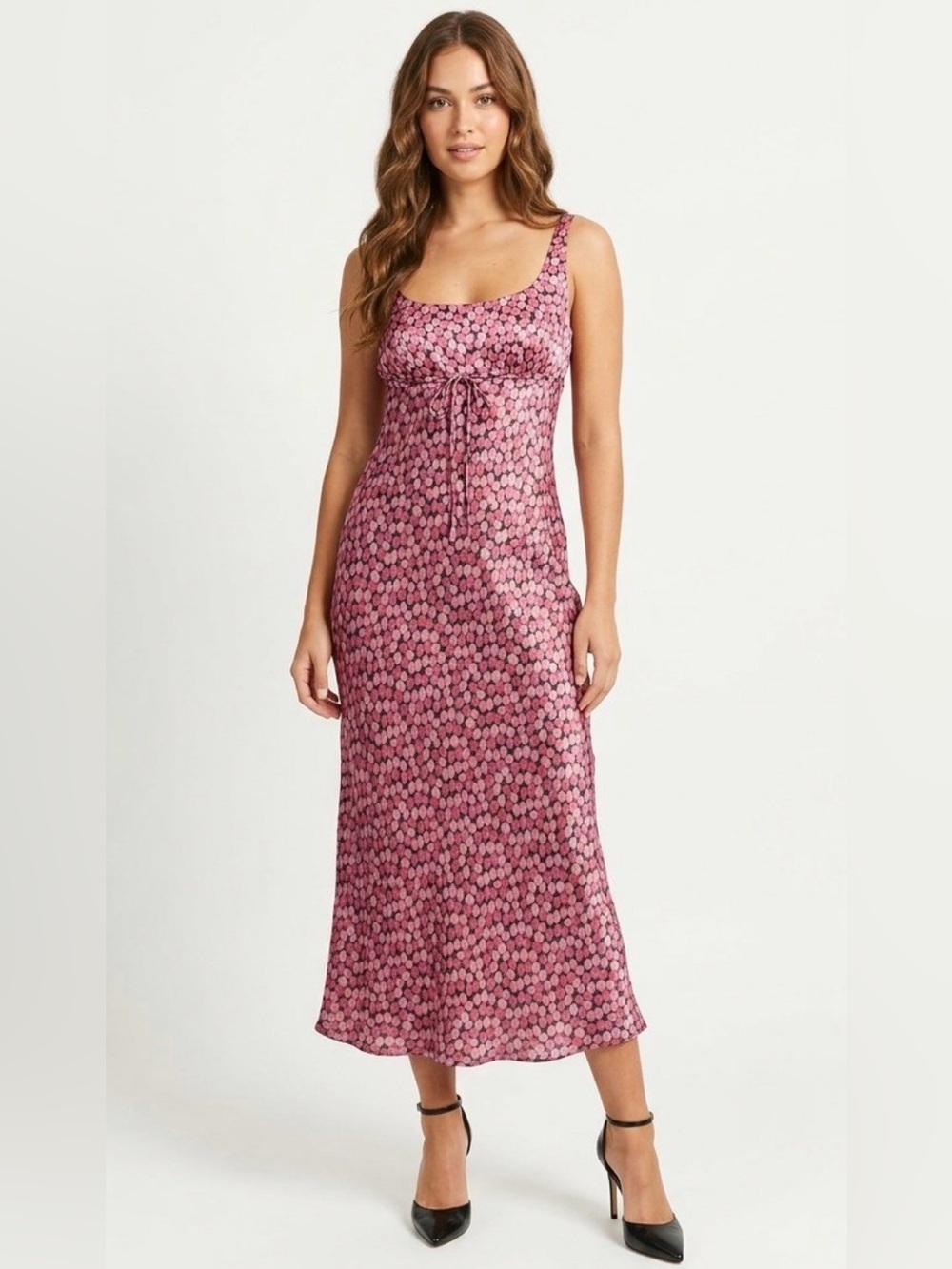 VINTAGE 90s Betsey Johnson 100% Rayon Slip Midi Dress in Pink floral, Size XS/S